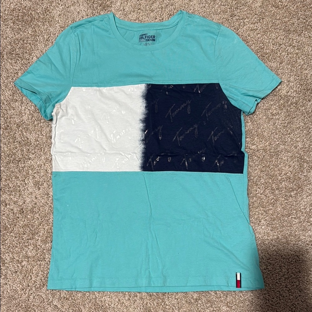 Tommy Hilfiger Blue and White Fitted Short Sleeve Tee